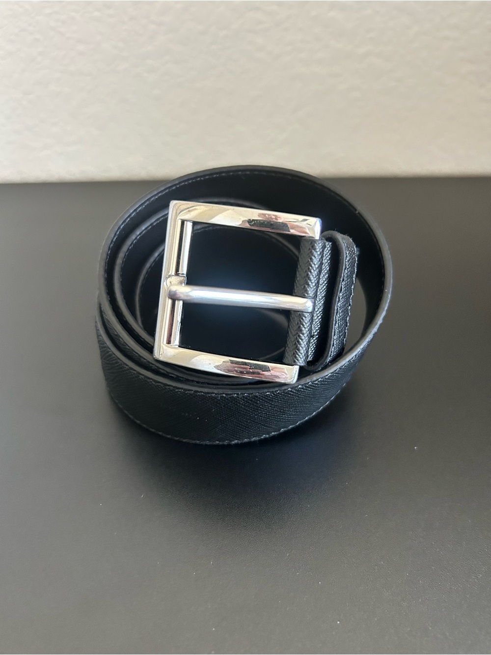 Prada Black Saffiano Leather Belt Silver Buckle Made In Italy Size 32/80